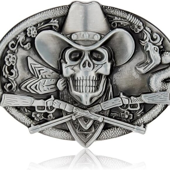 Cowboy Skull Belt Buckle Western Gothic Biker Style Snake Guns Rodeo‎ Punk - Picture 1 of 6
